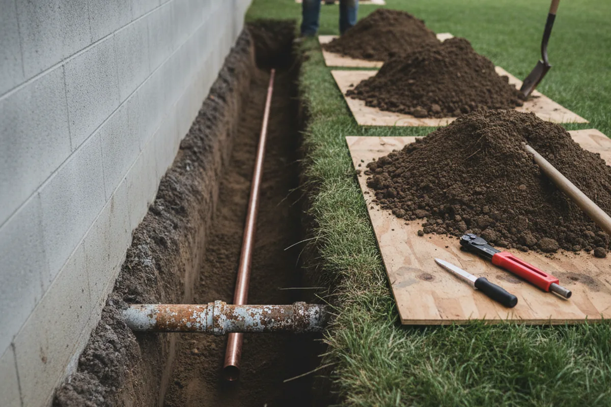 Excavated water line trench during Sewer Line Repair in Libertyville